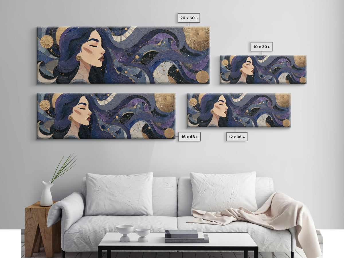 Celestial Goddess with Flowing Midnight Hair Canvas Print, Celestial Art, Gallery Decor, Living Room Decor, Fine Art, Celestial, CEL-3x1-95