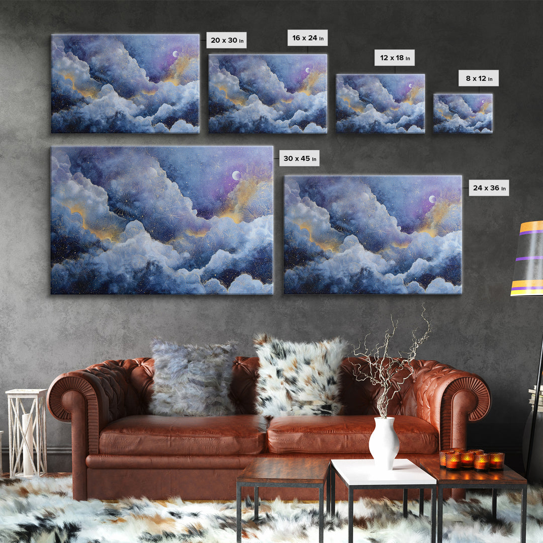 Moonlit Cloudscape with Silver Highlights Canvas Print, Celestial Art, Printable Art, Living Room Decor, Celestial, CEL-3x2-13