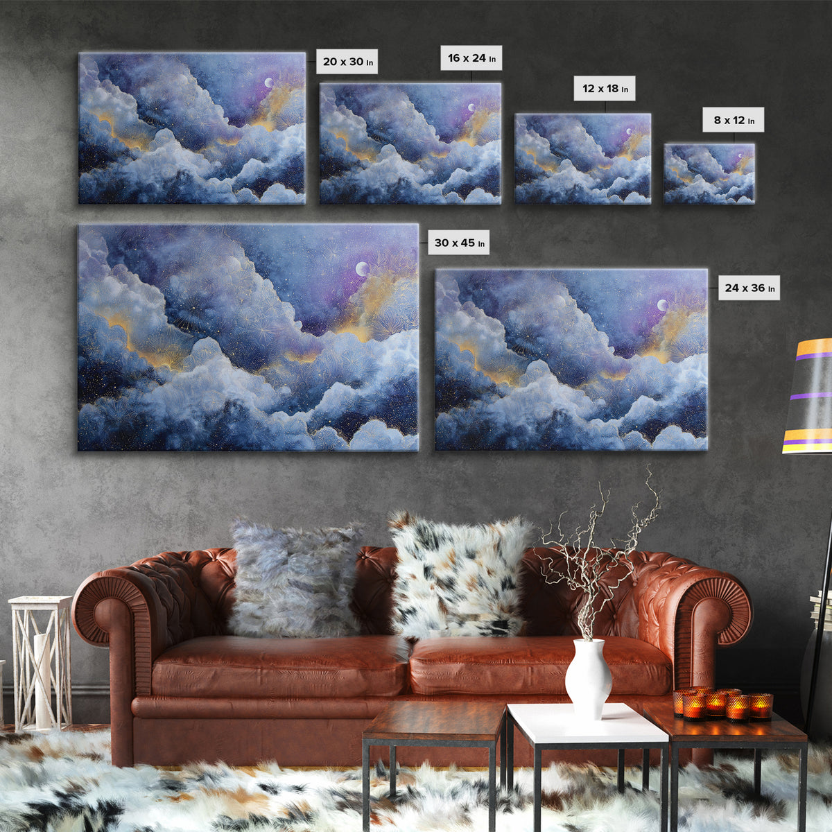Moonlit Cloudscape with Silver Highlights Canvas Print, Celestial Art, Printable Art, Living Room Decor, Celestial, CEL-3x2-13