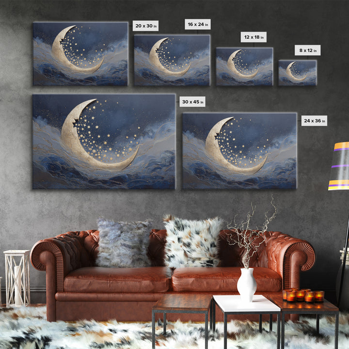 Crescent Moon Cradling a Cluster of Stars Canvas Print, Celestial Art, Modern Art, Living Room Decor, Fine Art, Celestial, CEL-3x2-29