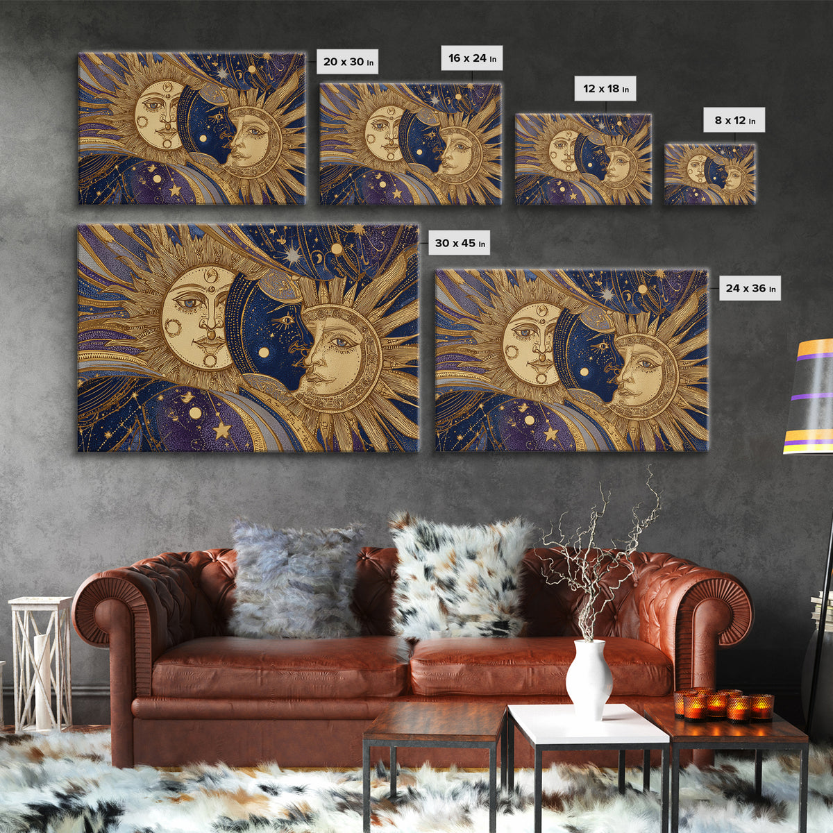 Sun and Moon Faces Canvas Print, Celestial Art, Boho Wall Art, Living Room Decor, Fine Art, Celestial, Boho Home Decor, CEL-3x2-54