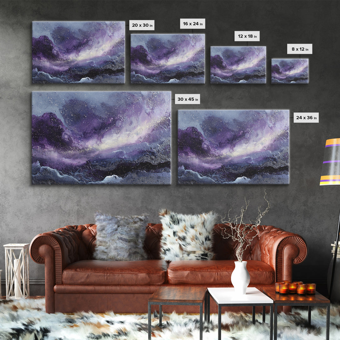 Dreamlike Comet Crossing a Violet Sky Framed Canvas Print, Celestial Art, Colorful Wall Art, Living Room Decor, Abstract Art, CEL-3x2-64