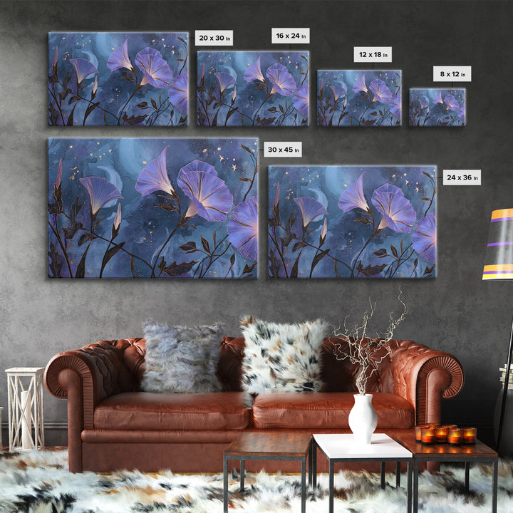Moon Garden with Night Blooming Flowers Canvas Print, Celestial Art, Mushroom Decor, Living Room Decor, Oil Painting, Celestial, CEL-3x2-73