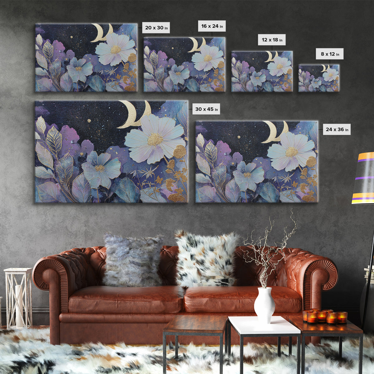 Lunar Phase Arc Above Delicate Botanicals Framed Canvas Print, Celestial Art, Art Prints, Living Room Decor, Celestial, CEL-3x2-8
