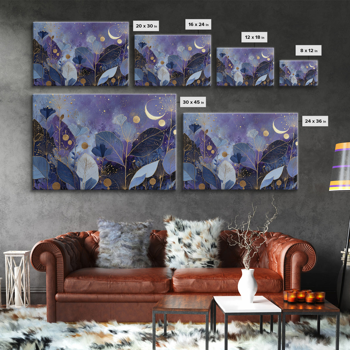 Lunar Phase Arc Above Delicate Botanicals Framed Canvas Print, Celestial Art, Art Nouveau Decor, Living Room Decor, Celestial, CEL-3x2-80