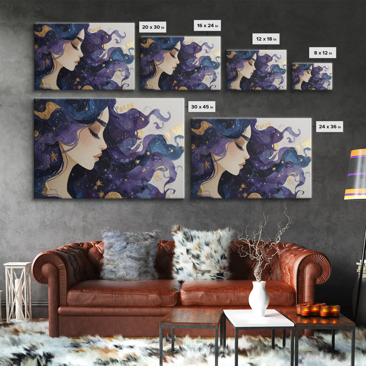 Celestial Goddess with Flowing Midnight Hair Canvas Print, Celestial Art, Neutral Decor, Living Room Decor, Fine Art, Celestial, CEL-3x2-83
