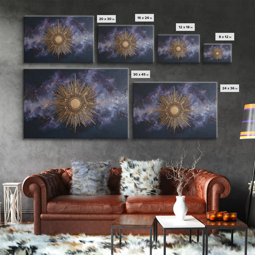 Sunburst Medallion with Ornate Rays Canvas Print, Celestial Art, Whimsical Art, Living Room Decor, Oil Painting, Celestial, CEL-3x2-89
