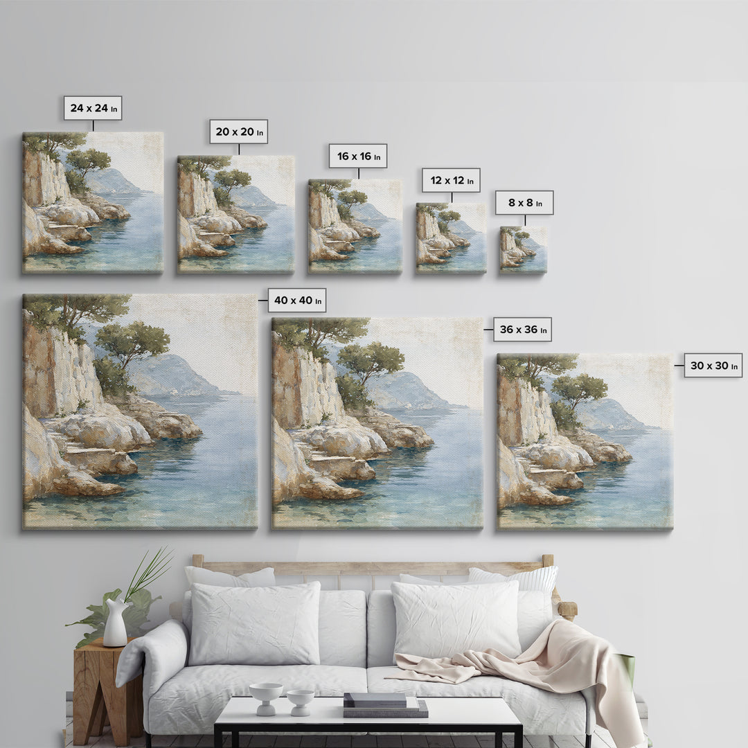 Mediterranean Cove with Cliff Shadows Framed Canvas Print, Coastal Art, Gallery Decor, Coastal Decor, Fine Art, Coastal, COA-1x1-41