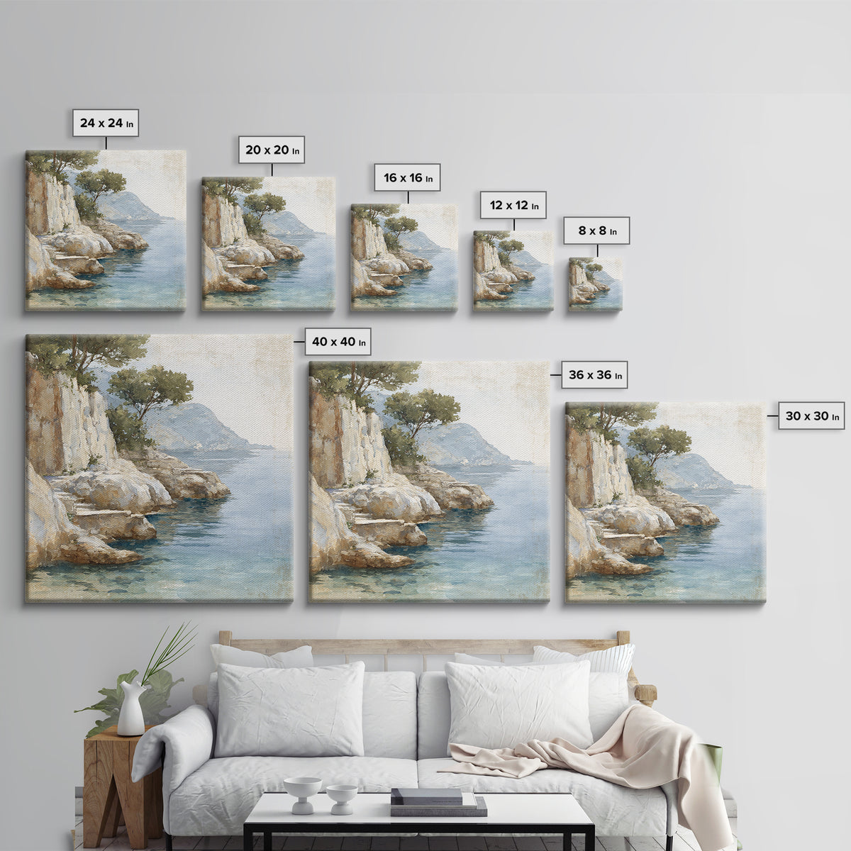 Mediterranean Cove with Cliff Shadows Framed Canvas Print, Coastal Art, Gallery Decor, Coastal Decor, Fine Art, Coastal, COA-1x1-41