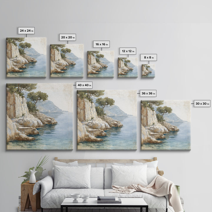 Mediterranean Cove with Cliff Shadows Framed Canvas Print, Coastal Art, Gallery Decor, Coastal Decor, Fine Art, Coastal, COA-1x1-41