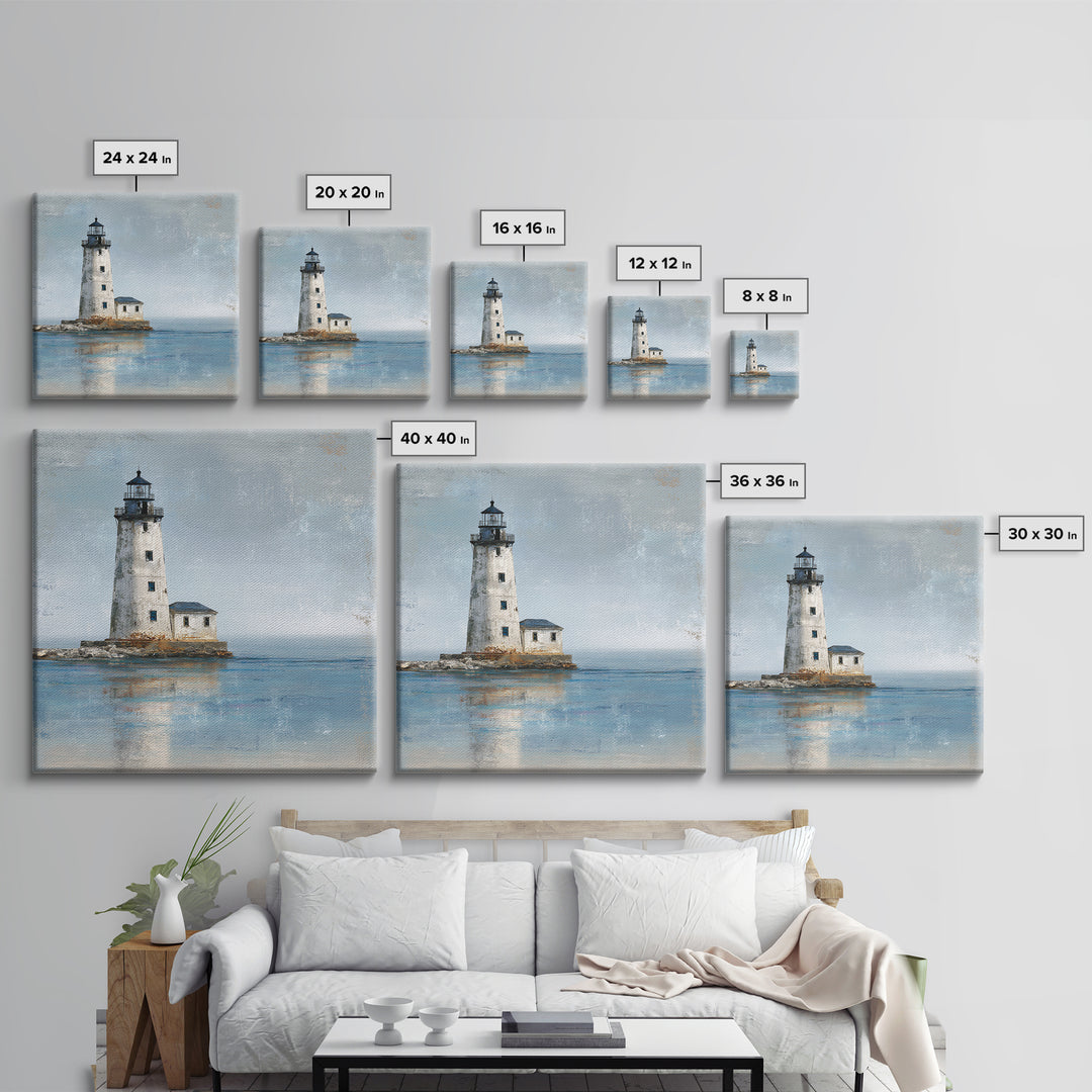 Whitewashed Lighthouse Against Cloudy Sky Canvas Print, Coastal Art, Living Room Art, Coastal Decor, Oil Painting, Coastal, COA-1x1-54