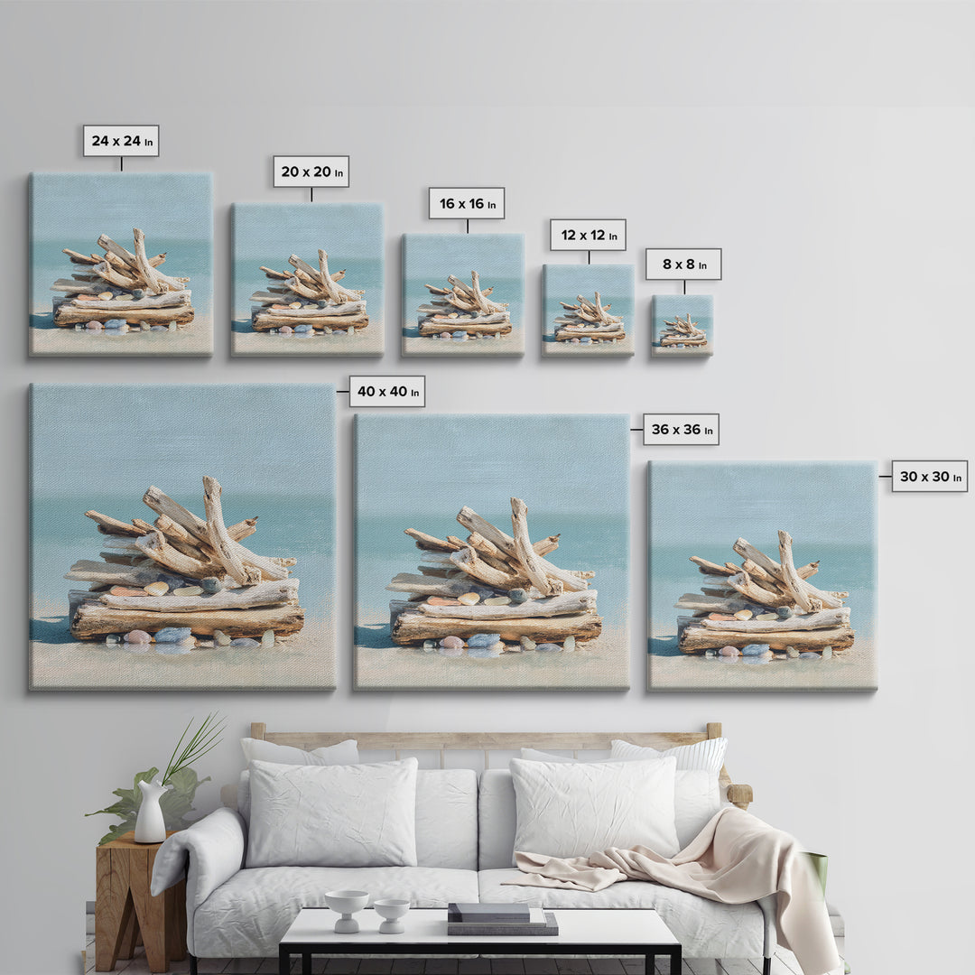 Driftwood and Sea Glass Still Life Canvas Print, Coastal Art, Ocean Wall Art, Coastal Decor, Watercolor Art, Coastal, COA-1x1-55