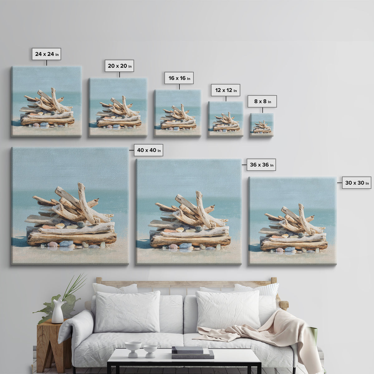 Driftwood and Sea Glass Still Life Canvas Print, Coastal Art, Ocean Wall Art, Coastal Decor, Watercolor Art, Coastal, COA-1x1-55