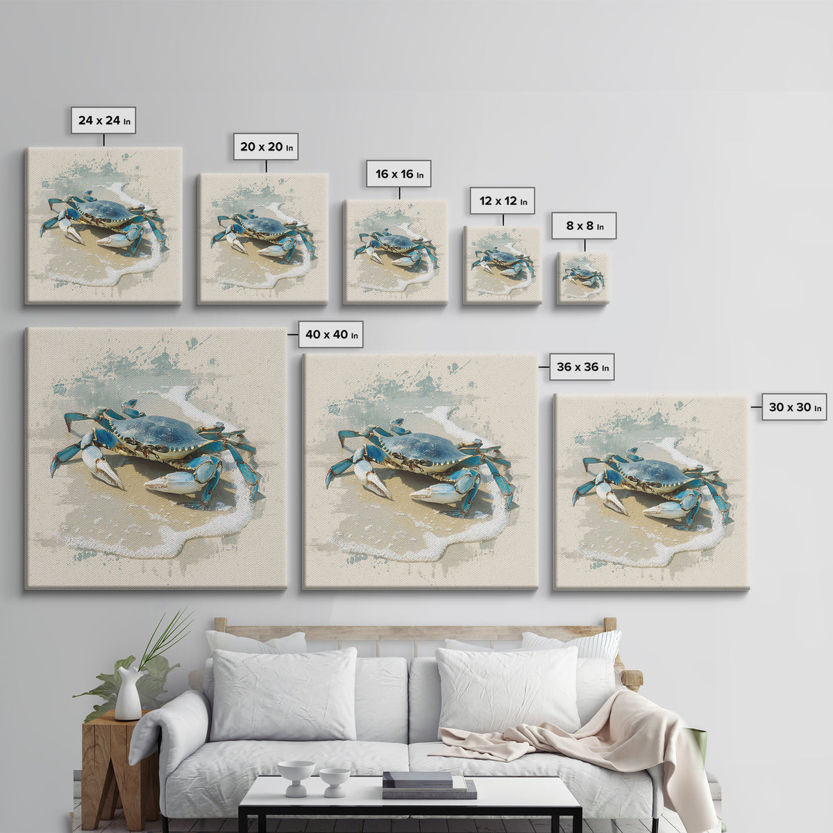 Blue Crab Illustration Framed Canvas Print, Coastal Art, Beach Art, Coastal Decor, Fine Art, Coastal, Room Decor, COA-1x1-62