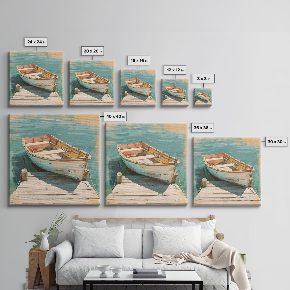 Small Rowboat Tied to a Wooden Dock Framed Canvas Print, Coastal Art, Gallery Decor, Coastal Decor, Fine Art, Coastal, COA-1x1-67