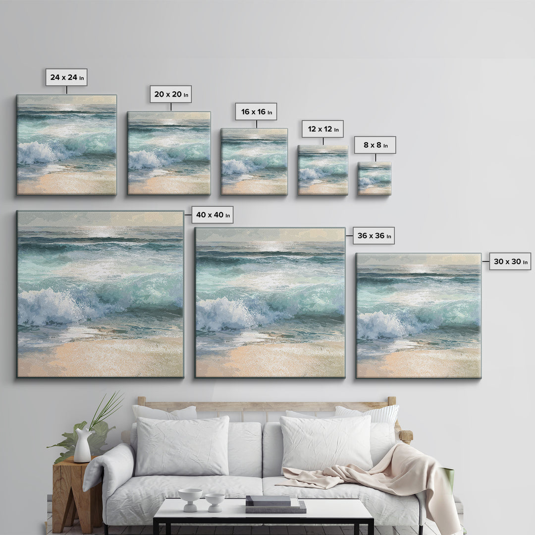 Moonlit Ocean with Silver Surf Framed Canvas Print, Coastal Art, Coastal Wall Decor, Coastal Decor, Oil Painting, Coastal, COA-1x1-70