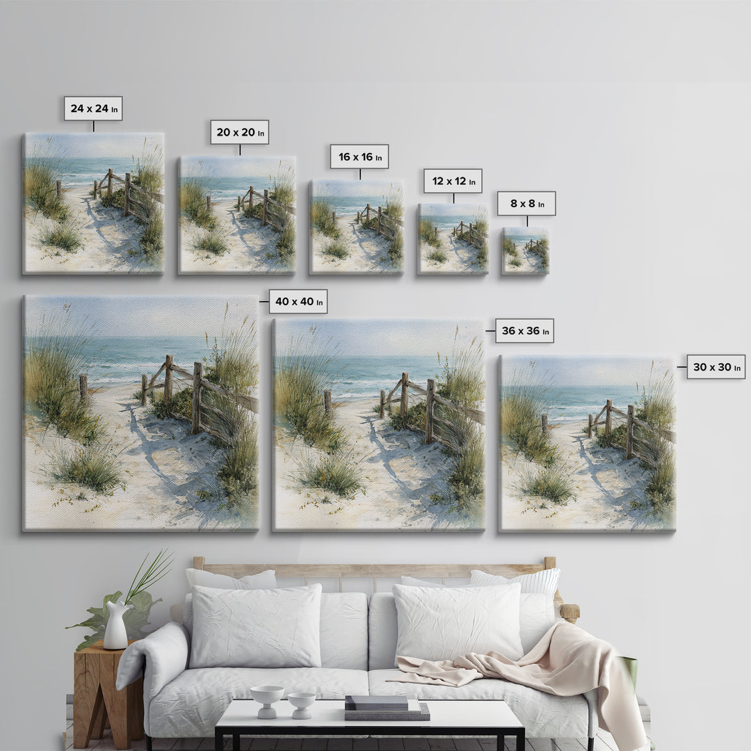 Soft Watercolor Dune Fence Scene Framed Canvas Print, Coastal Art, Textured Painting, Coastal Decor, Fine Art, Coastal, COA-1x1-88