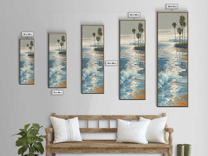 Moonlit Ocean with Silver Surf Framed Canvas Print, Coastal Art, Living Room Art, Coastal Decor, Watercolor Art, Coastal, COA-1x3-58