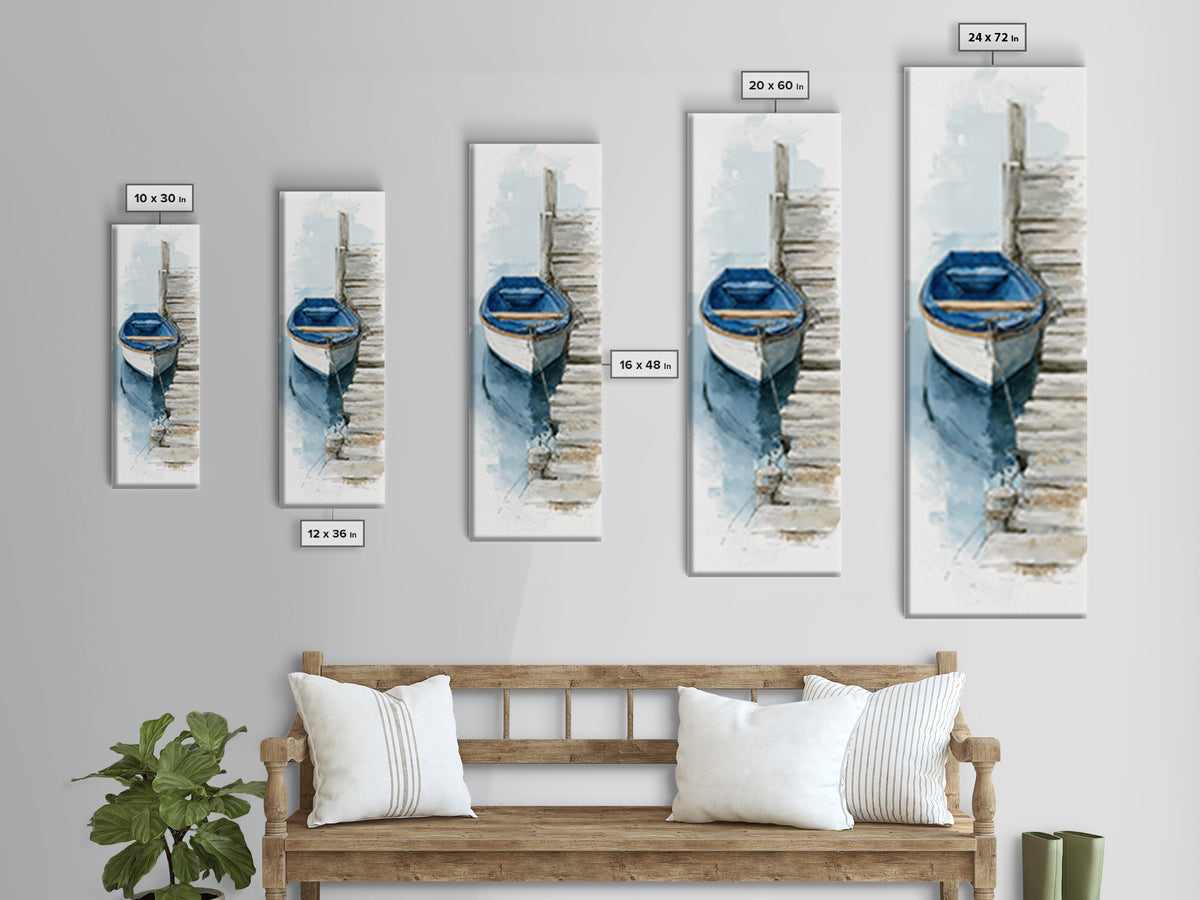 Small Rowboat Tied to a Wooden Dock Canvas Print, Coastal Art, Contemporary Art, Coastal Decor, Coastal, Modern Wall Art, COA-1x3-7