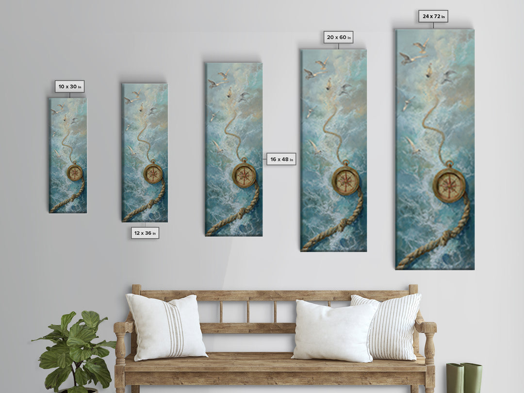 Weathered Nautical Rope and Brass Compass Framed Canvas Print, Coastal Art, Coastal Decor, Fine Art, Coastal, Fine Art Print, COA-1x3-75