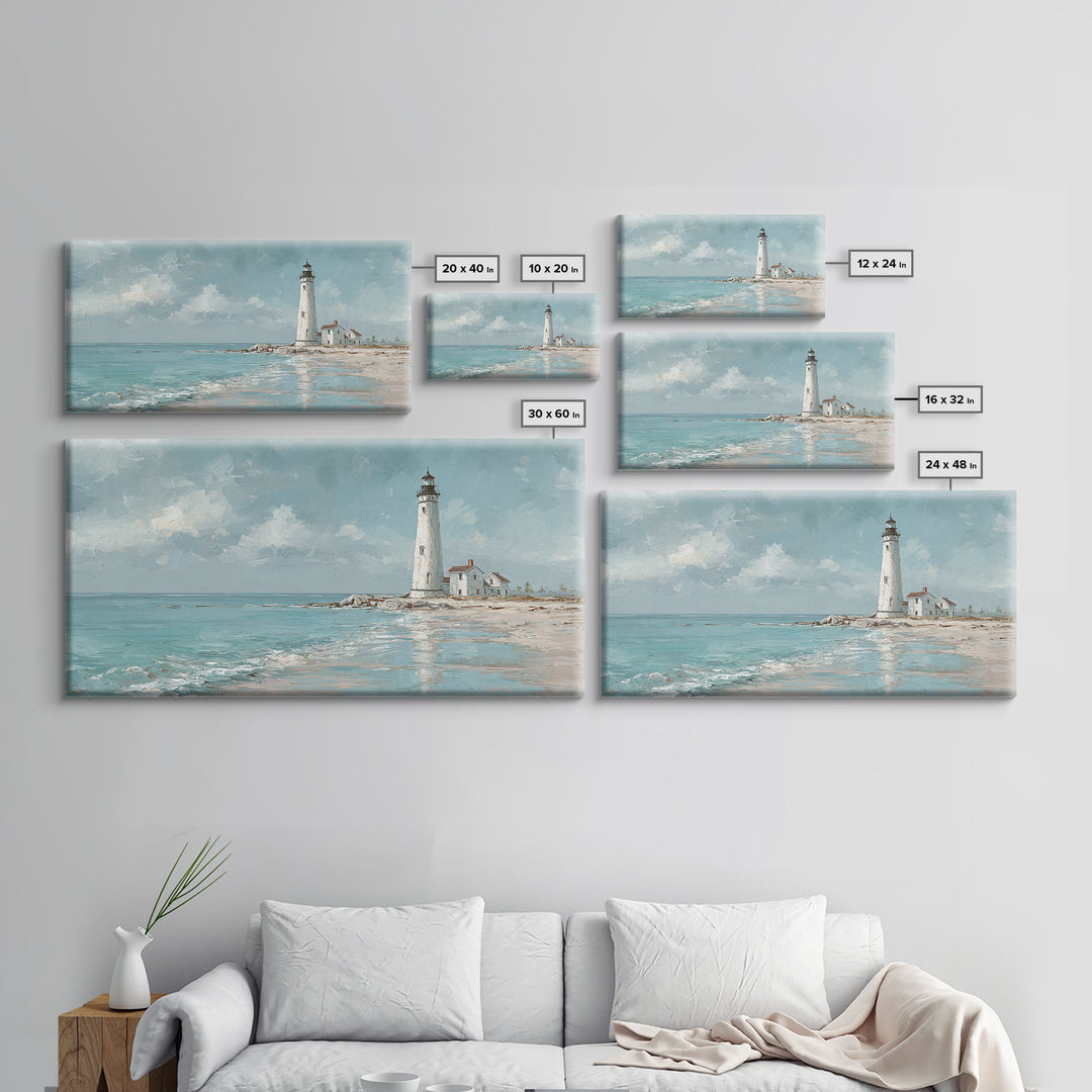 Whitewashed Lighthouse Against Cloudy Sky Framed Canvas Print, Coastal Art, Minimalist Decor, Coastal Decor, Fine Art, Coastal, COA-2x1-50