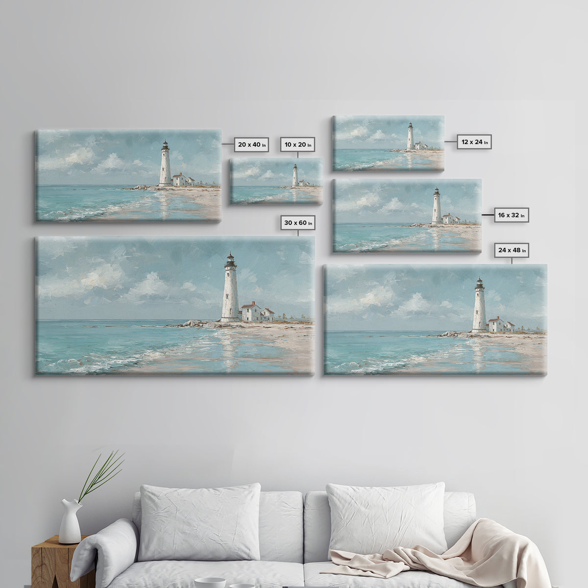 Whitewashed Lighthouse Against Cloudy Sky Framed Canvas Print, Coastal Art, Minimalist Decor, Coastal Decor, Fine Art, Coastal, COA-2x1-50