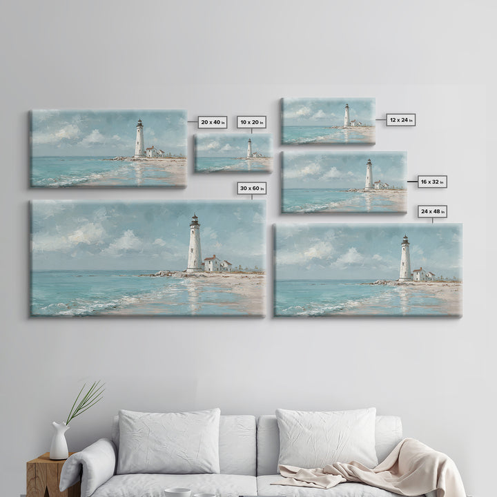 Whitewashed Lighthouse Against Cloudy Sky Framed Canvas Print, Coastal Art, Minimalist Decor, Coastal Decor, Fine Art, Coastal, COA-2x1-50