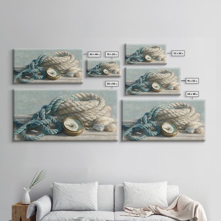 Weathered Nautical Rope and Brass Compass Framed Canvas Print, Coastal Art, Landscape Painting, Coastal Decor, Watercolor Art, COA-2x1-59