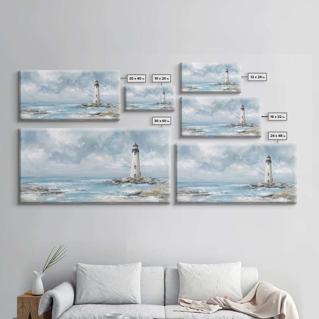 Whitewashed Lighthouse Against Cloudy Sky Canvas Print, Coastal Art, Printable Wall Art, Coastal Decor, Watercolor Art, Coastal, COA-2x1-98