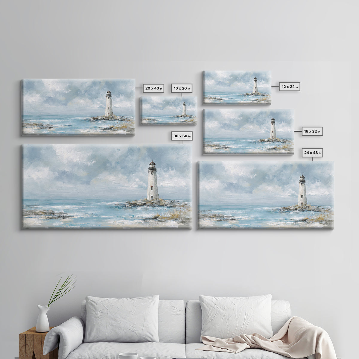 Whitewashed Lighthouse Against Cloudy Sky Canvas Print, Coastal Art, Printable Wall Art, Coastal Decor, Watercolor Art, Coastal, COA-2x1-98