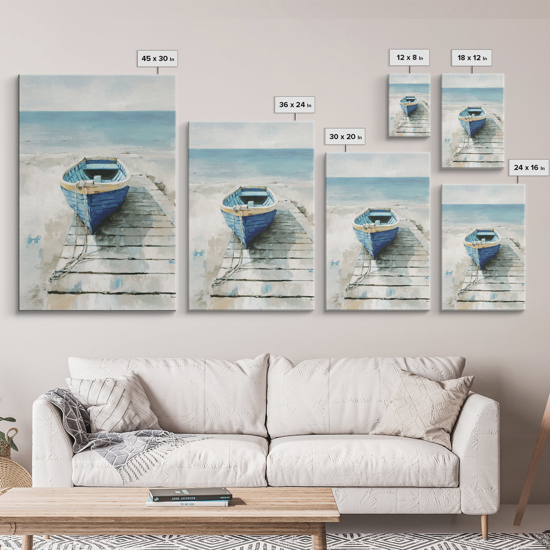 Small Rowboat Tied to a Wooden Dock Framed Canvas Print, Coastal Art, Room Decor, Coastal Decor, Oil Painting, Coastal, COA-2x3-51