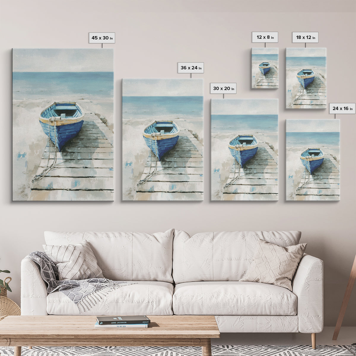 Small Rowboat Tied to a Wooden Dock Framed Canvas Print, Coastal Art, Room Decor, Coastal Decor, Oil Painting, Coastal, COA-2x3-51