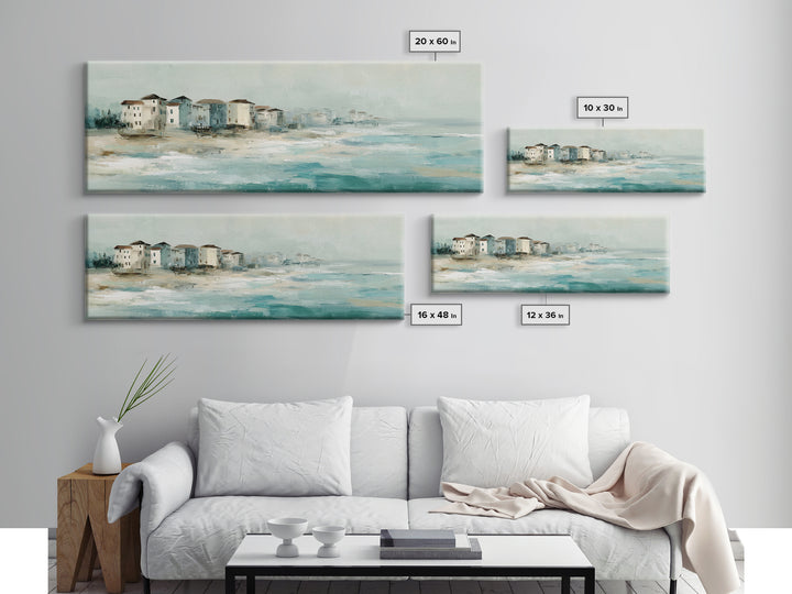 Coastal Village Rooftops Seen from the Sea Canvas Print, Coastal Art, Beach Wall Art, Coastal Decor, Abstract Art, Coastal, COA-3x1-25