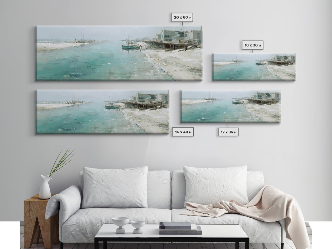 Foggy Harbor with Distant Boats Framed Canvas Print, Coastal Art, Ocean Wall Art, Coastal Decor, Oil Painting, Coastal, COA-3x1-28