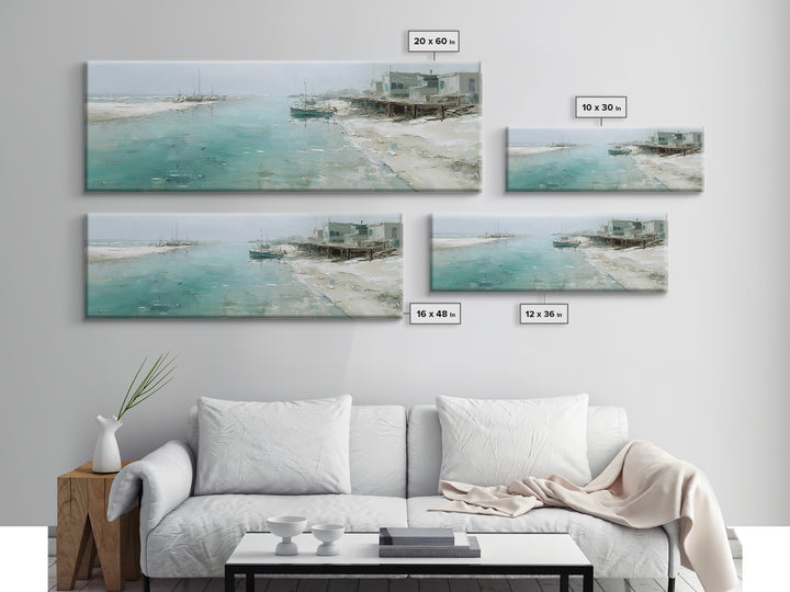 Foggy Harbor with Distant Boats Framed Canvas Print, Coastal Art, Ocean Wall Art, Coastal Decor, Oil Painting, Coastal, COA-3x1-28