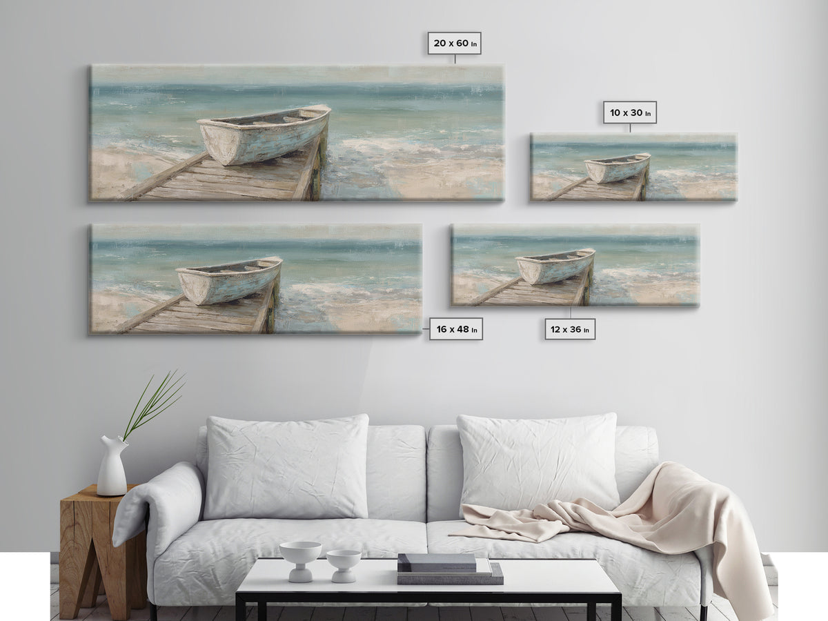 Small Rowboat Tied to a Wooden Dock Framed Canvas Print, Coastal Art, Wall Art, Coastal Decor, Fine Art, Coastal, Bird Art, COA-3x1-59