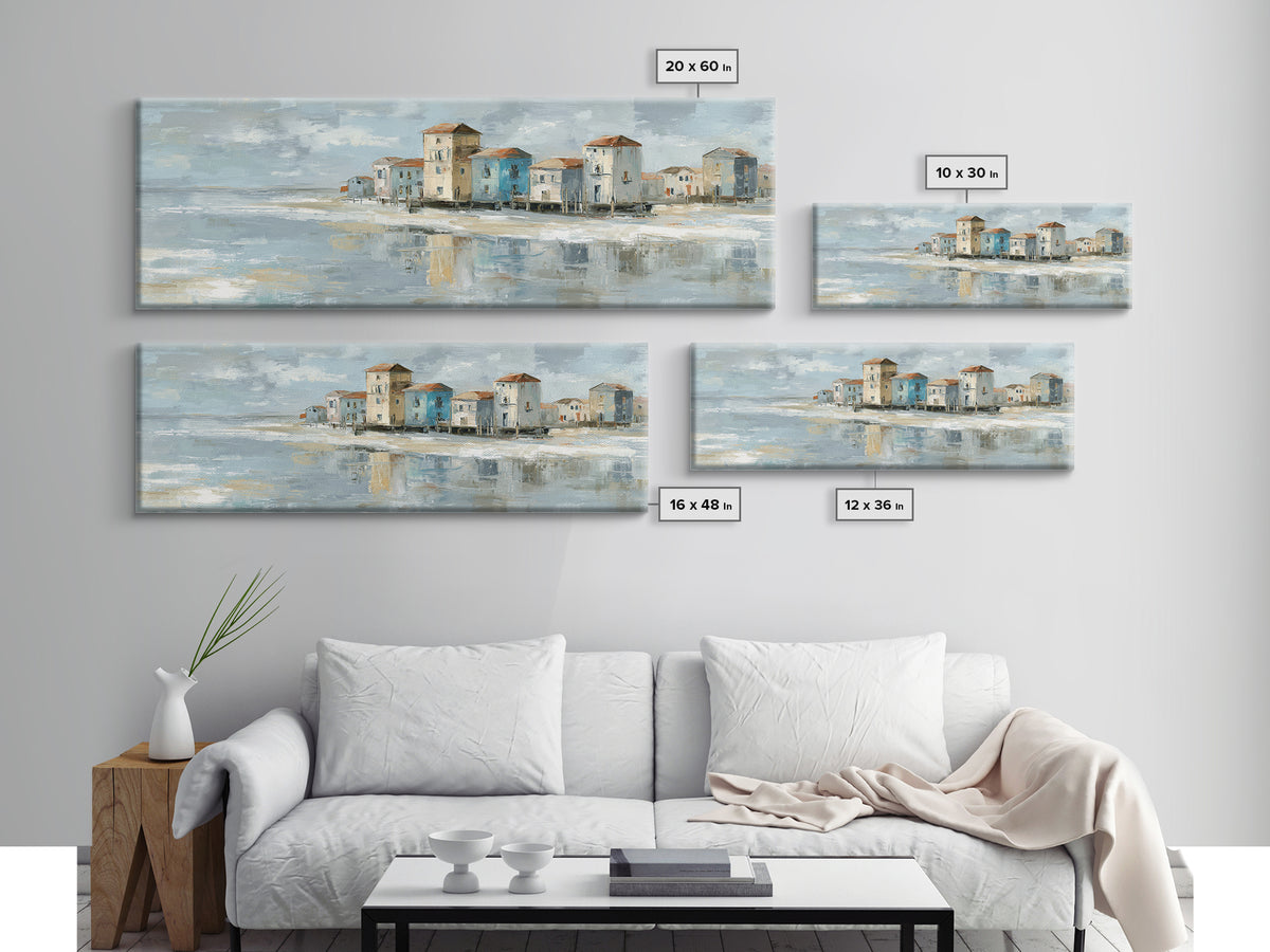 Coastal Village Rooftops Seen from the Sea Framed Canvas Print, Coastal Art, Living Room Art, Coastal Decor, Fine Art, Coastal, COA-3x1-73
