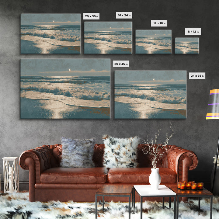Moonlit Ocean with Silver Surf Framed Canvas Print, Coastal Art, Printable Wall Art, Coastal Decor, Fine Art, Coastal, COA-3x2-2