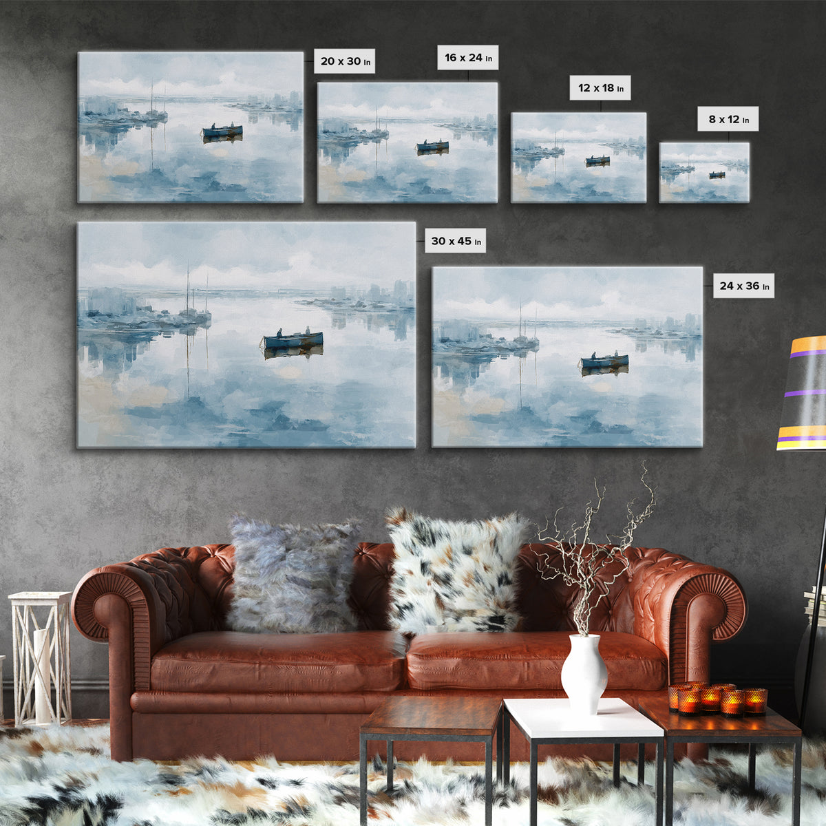 Foggy Harbor with Distant Boats Framed Canvas Print, Coastal Art, Gallery Decor, Coastal Decor, Abstract Art, Coastal, COA-3x2-64