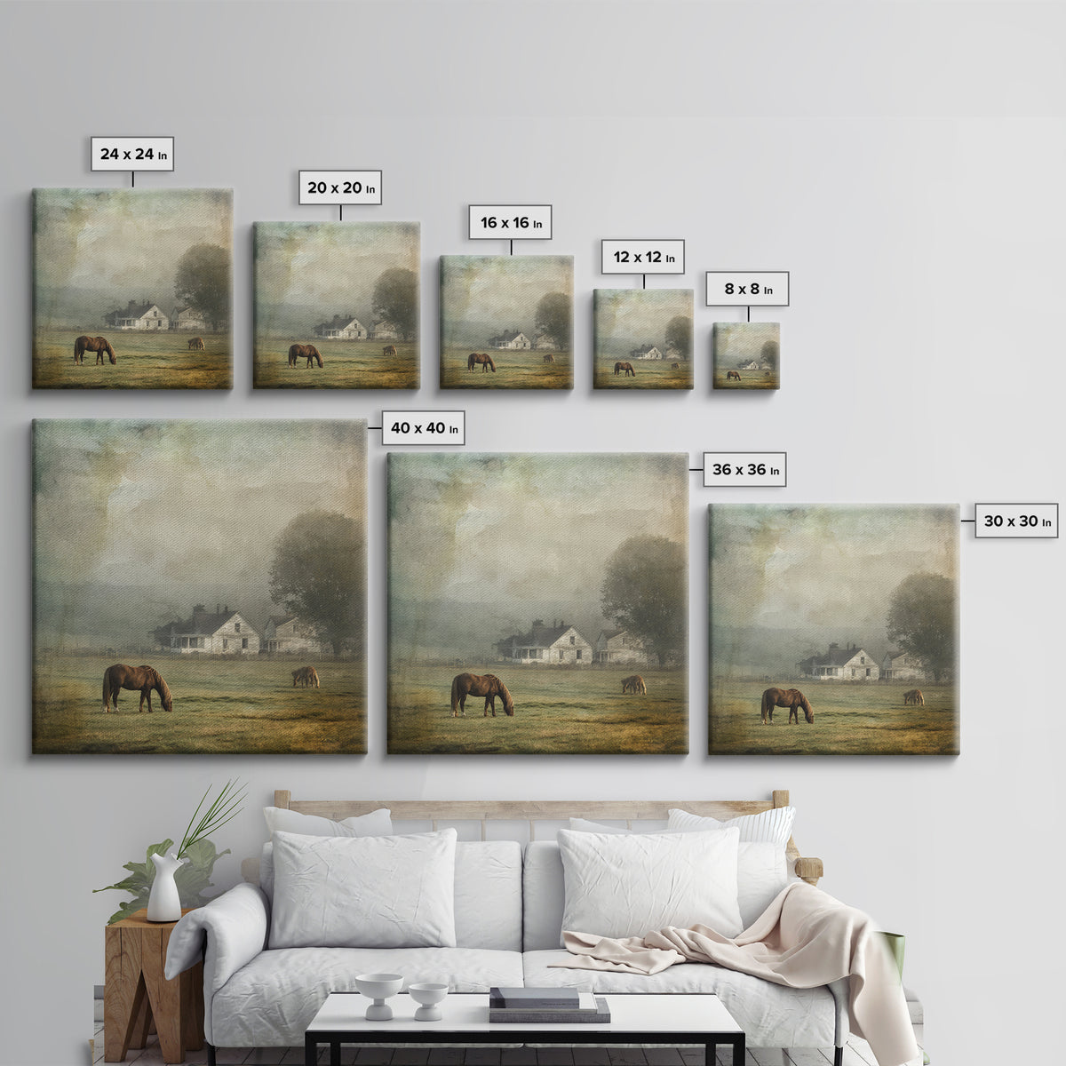 Rolling Pasture with Grazing Horses at Sunrise Framed Canvas Print, Country Art, Farmhouse Wall Art, Farmhouse Decor, Country, COU-1x1-1