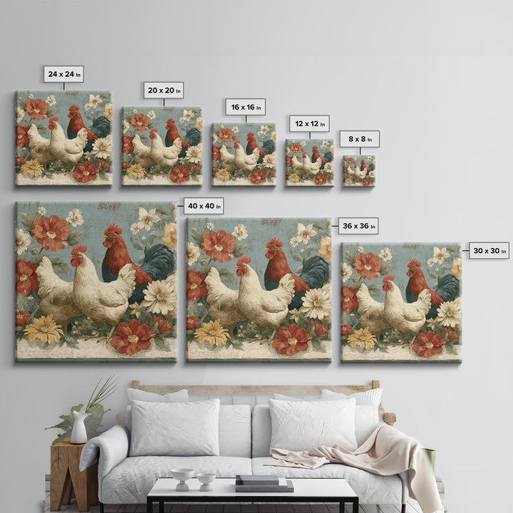 Chickens Pecking Near Garden Flowers Canvas Print, Country Art, Digital Art Prints, Farmhouse Decor, Fine Art, Country, COU-1x1-14