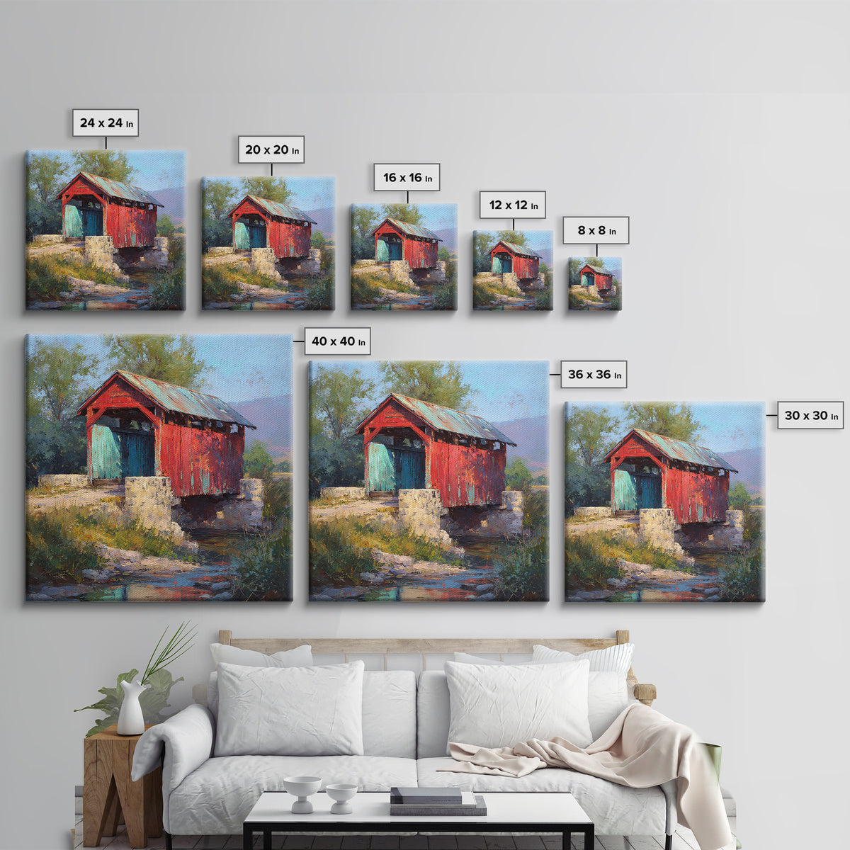 Covered Bridge over a Quiet Creek Canvas Print, Country Art, Farmhouse Decor, Oil Painting, Country, French Country Decor, COU-1x1-15