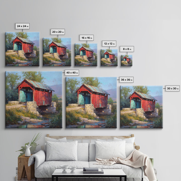 Covered Bridge over a Quiet Creek Canvas Print, Country Art, Farmhouse Decor, Oil Painting, Country, French Country Decor, COU-1x1-15