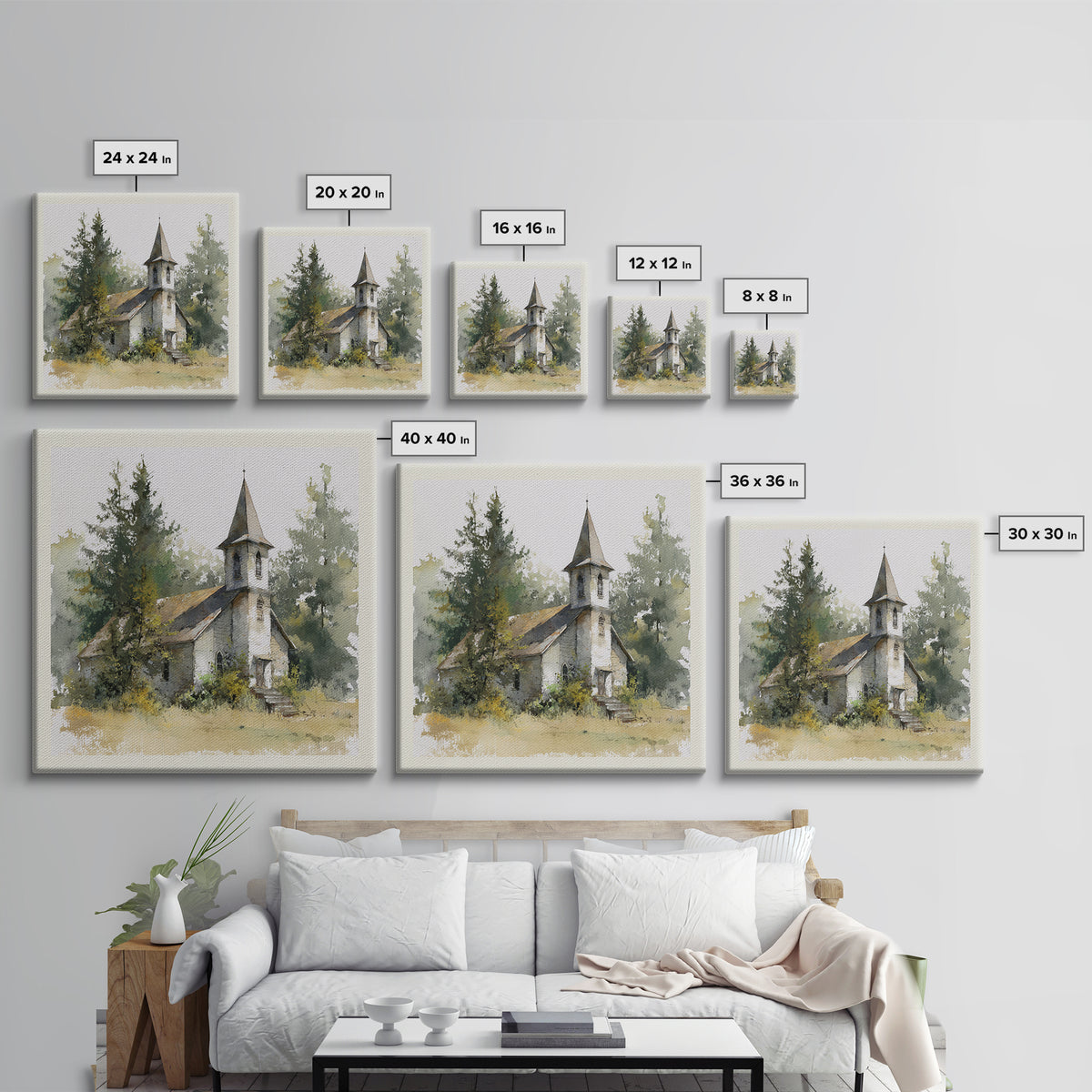 Country Church Steeple Beyond Trees Canvas Print, Country Art, Printable Art, Farmhouse Decor, Watercolor Art, Country, COU-1x1-19