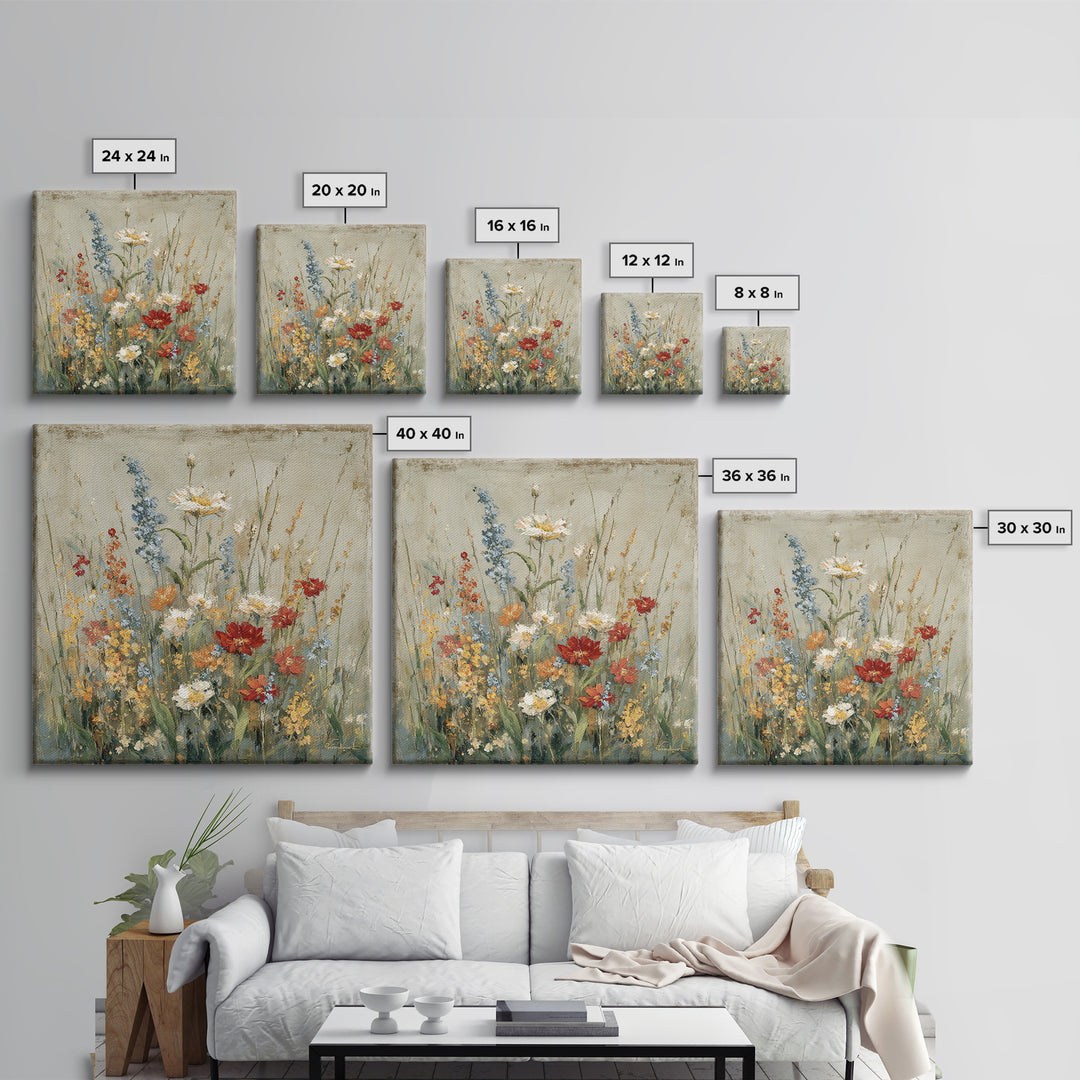 Wildflower Meadow Beside an Old Fence Framed Canvas Print, Country Art, Watercolor Painting, Farmhouse Decor, Oil Painting, COU-1x1-2