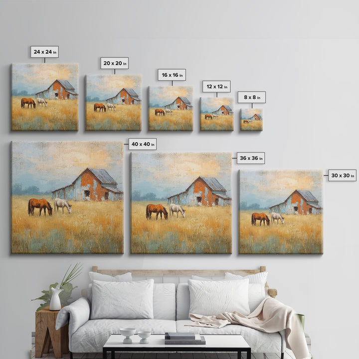 Rolling Pasture with Grazing Horses at Sunrise Canvas Print, Country Art, Neutral Decor, Farmhouse Decor, Fine Art, Country, COU-1x1-25