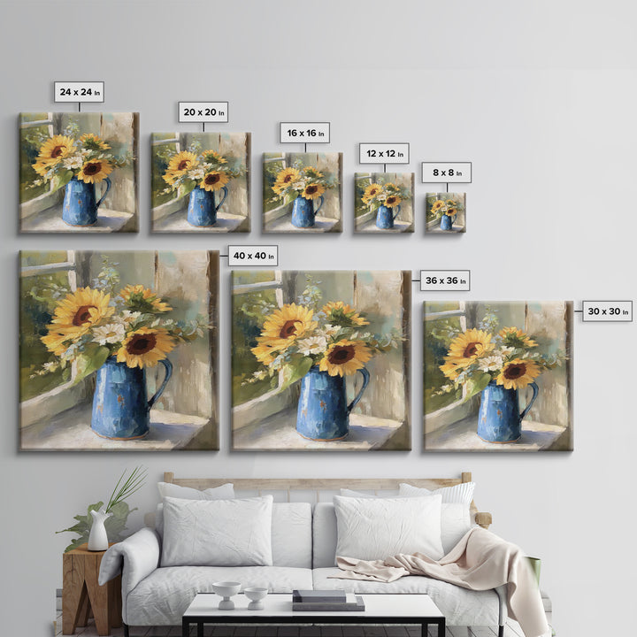 Sunflowers in a Blue Enamel Pitcher Framed Canvas Print, Country Art, Gallery Decor, Farmhouse Decor, Fine Art, Country, COU-1x1-32