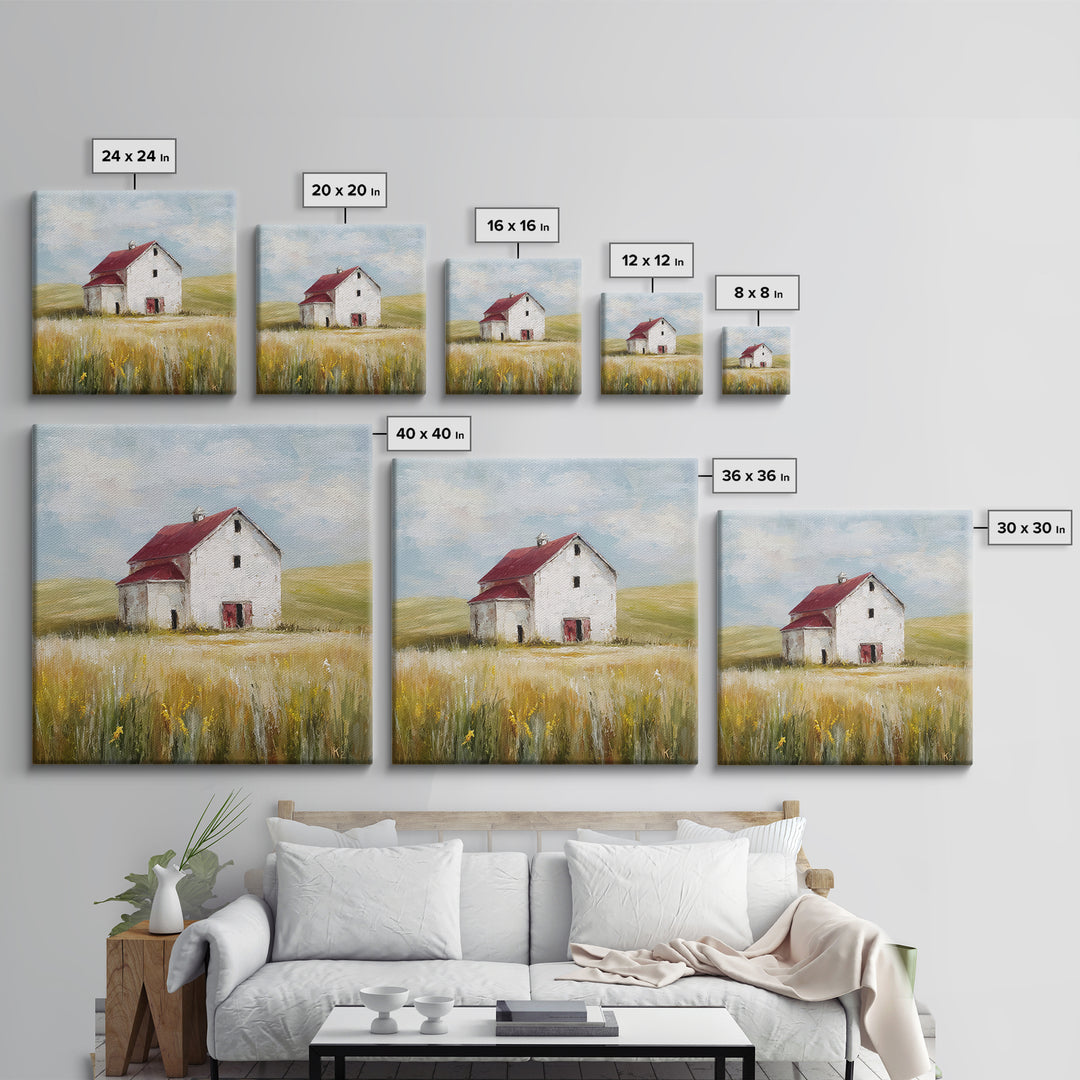 White Farmhouse Surrounded by Tall Grass Framed Canvas Print, Country Art, French Country, Farmhouse Decor, Watercolor Art, COU-1x1-34