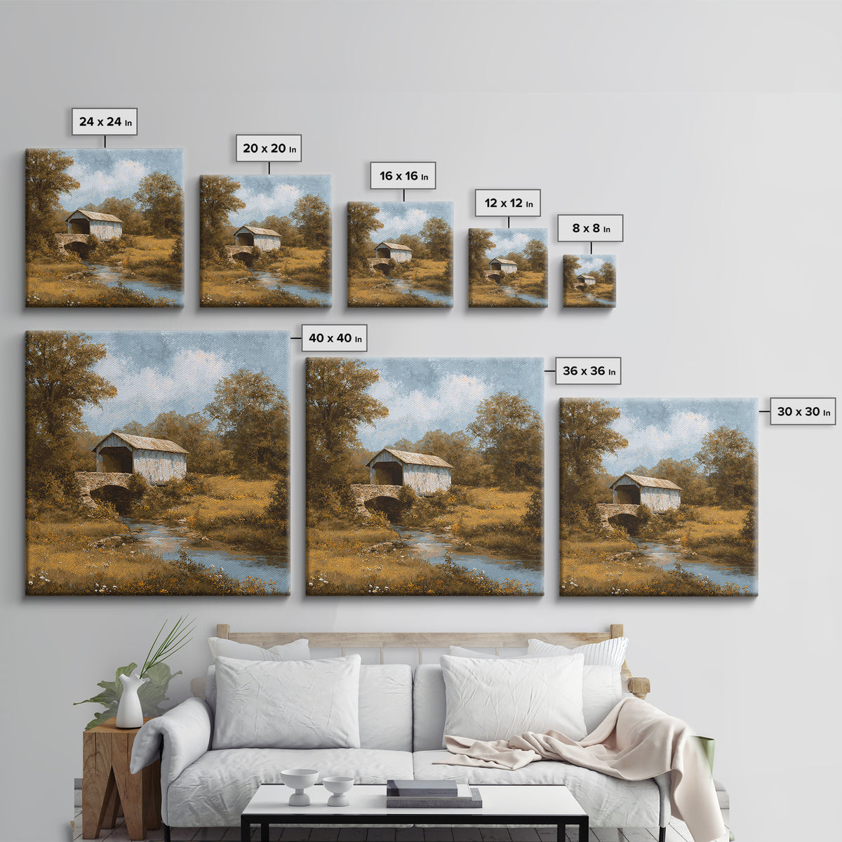 Covered Bridge over a Quiet Creek Framed Canvas Print, Country Art, Watercolor Painting, Farmhouse Decor, Fine Art, Country, COU-1x1-39