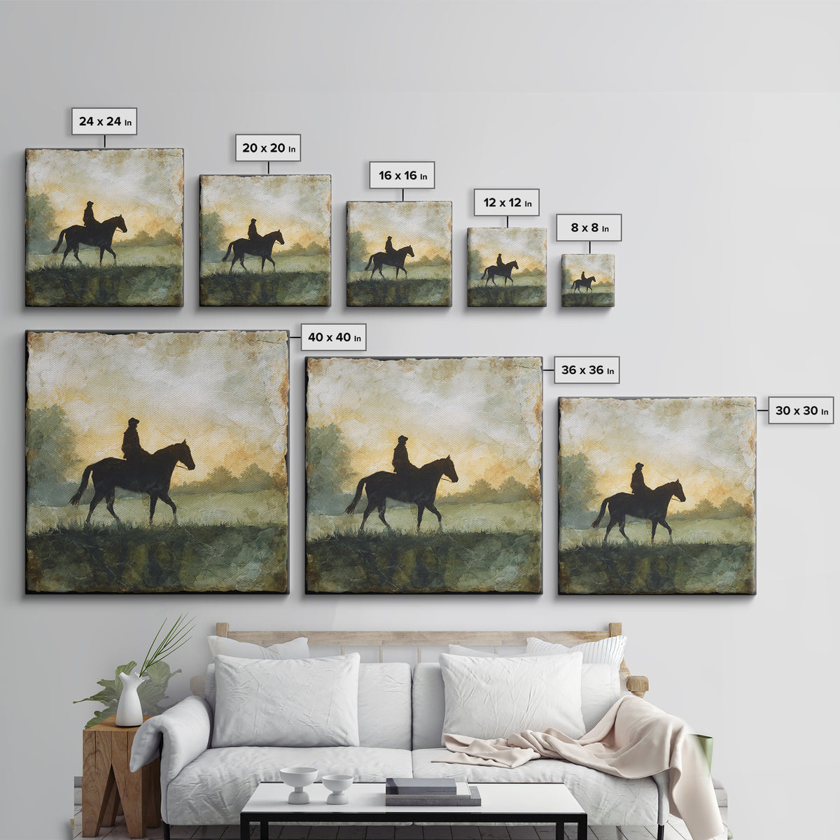 Horse and Rider Silhouette at Dusk Framed Canvas Print, Country Art, Gallery Decor, Farmhouse Decor, Fine Art, Country, COU-1x1-41